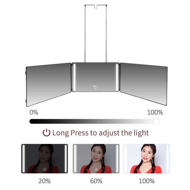 Customizable Telescoping Adjustable Hanging LED Makeup Mirror with Portable Tri-fold Haircut Mirror