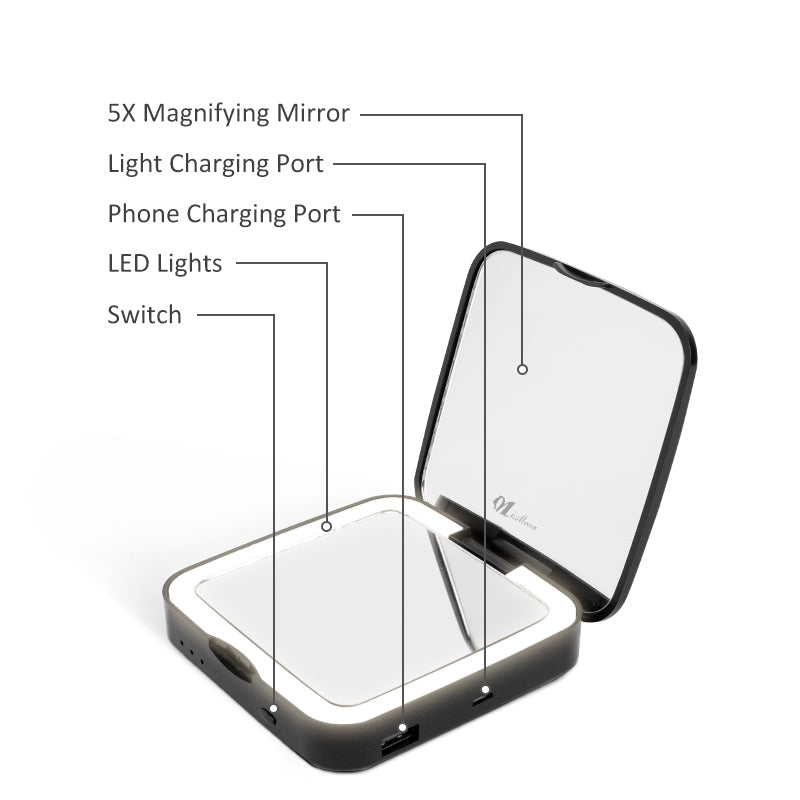 The LED Portable Lamp Mirror is a foldable double-sided pocket mirror with a built-in power bank