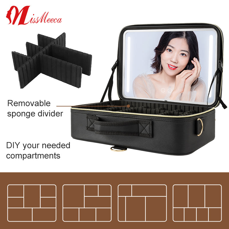 LED Cosmetic Case with Mirror, Makeup Artist Tool Organizer Box with Partitions and Touch-up Mirror