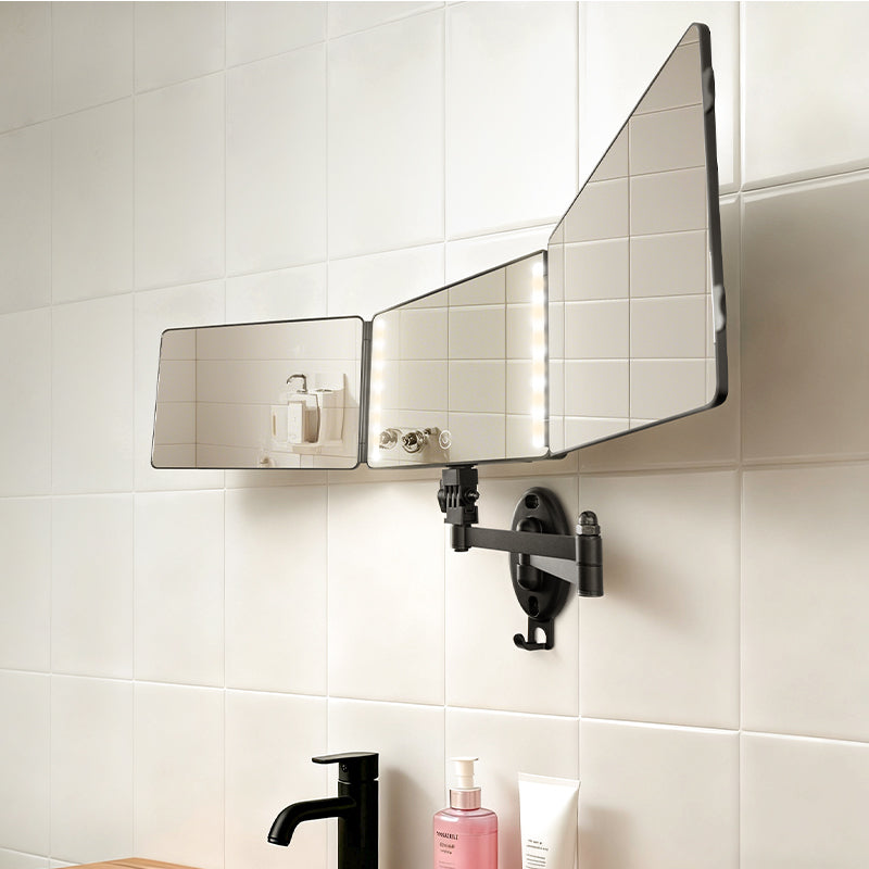 Adjustable Wall Mount Trifold Mirror: 360° LED Makeup & Rear View Mirror