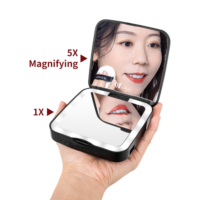 The LED Portable Lamp Mirror is a foldable double-sided pocket mirror with a built-in power bank