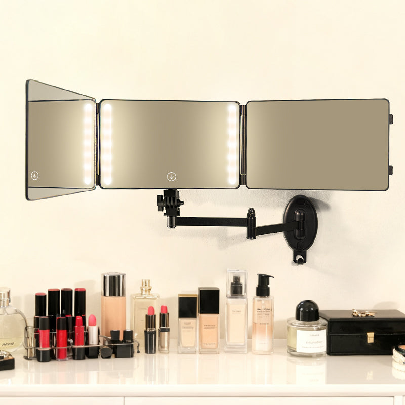 Adjustable Wall Mount Trifold Mirror: 360° LED Makeup & Rear View Mirror