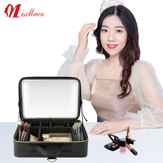 LED Cosmetic Case with Mirror, Makeup Artist Tool Organizer Box with Partitions and Touch-up Mirror