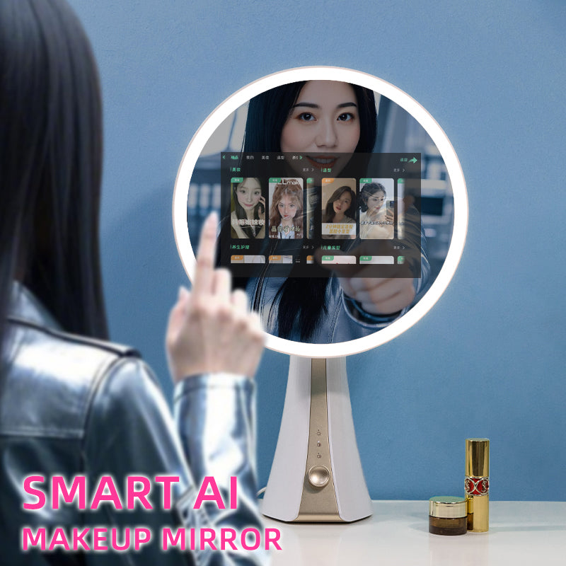 Woman using Smart AI Makeup Mirror with touch screen interface