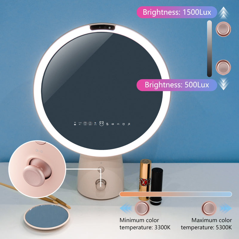 Adjustable LED Makeup Mirror Showing Brightness and Color Temperature Settings