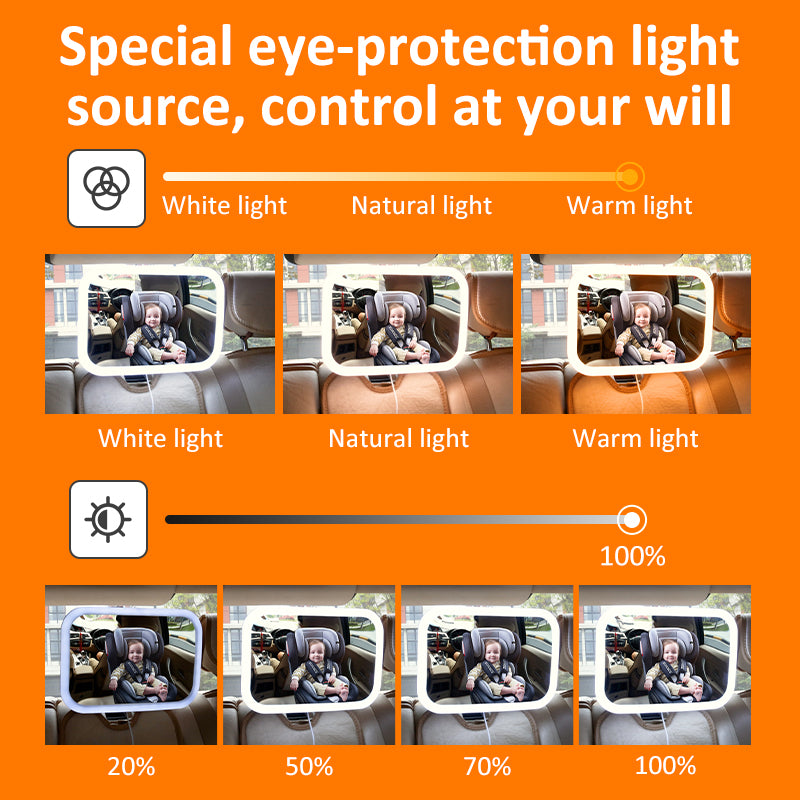 Baby Car Mirror With Eye-Protection Light, Adjustable Color And Brightness