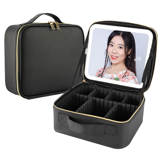 Black Makeup Bag with LED Mirror and Adjustable Dividers