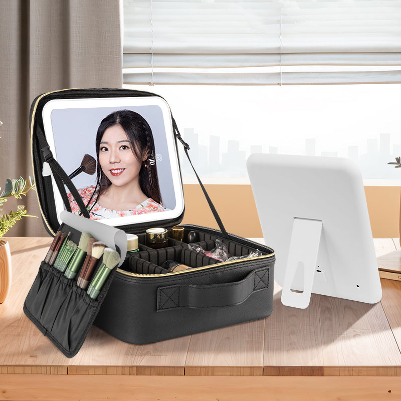Black Makeup Bag with Removable LED Mirror and Adjustable Insert