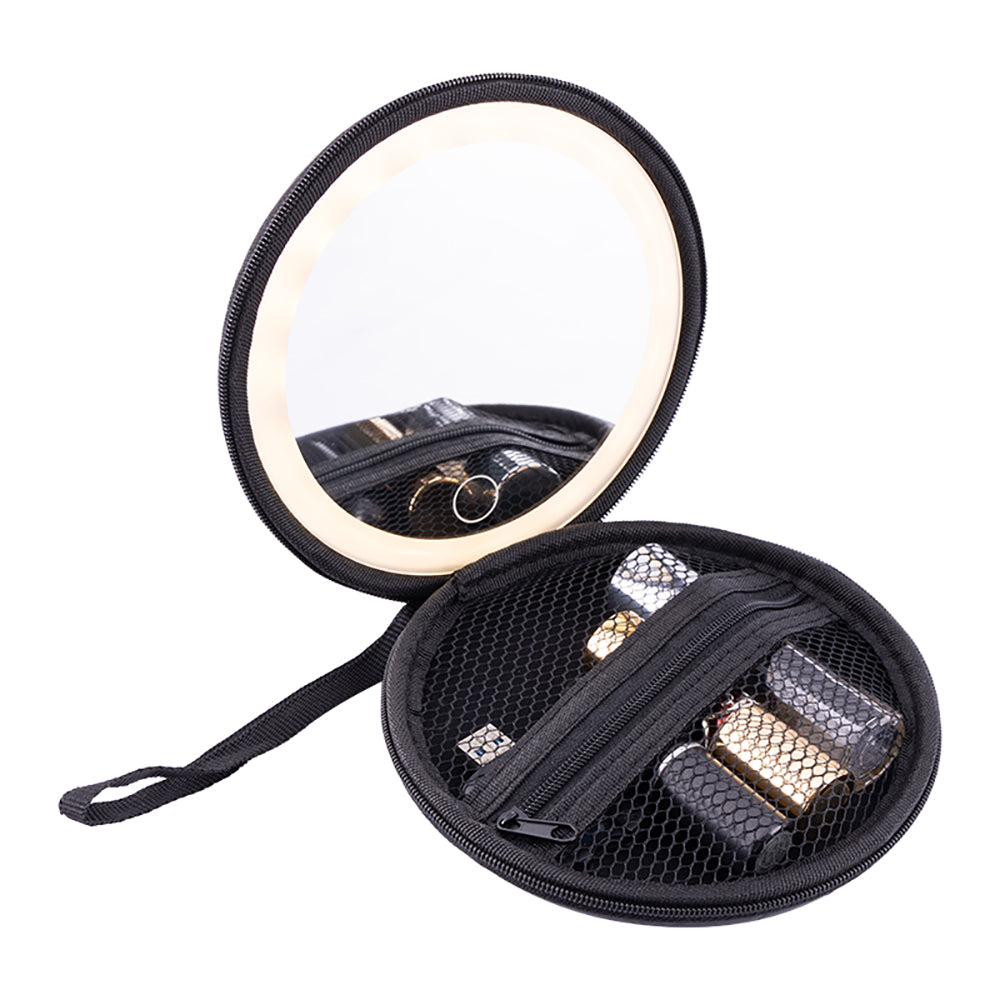 Black Round LED Makeup Mirror with Zipper Case and Mesh Pockets