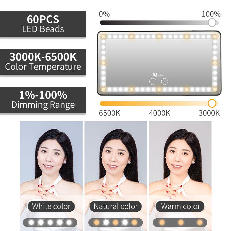 Sun Visor Makeup Mirror Features 60 LEDs Dimmable Brightness And Three Color Light Effects
