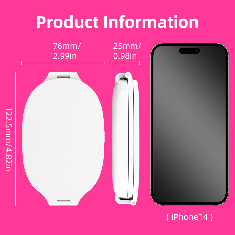 Foldable Makeup Mirror Dimensions, Compared with iPhone 14 Showing L/W/H