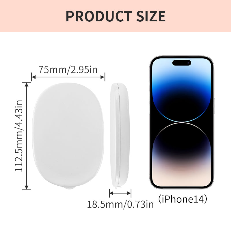 Folding Makeup Mirror Size Diagram, 112.5mm x 75mm x 18.5mm with iPhone 14 Comparison