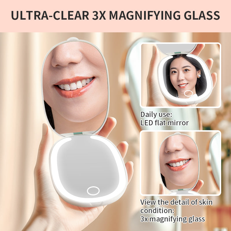 LED Folding Makeup Mirror, Ultra-Clear 3X Magnifying Glass, Daily & Detail Usage
