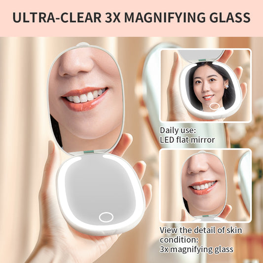 LED Folding Makeup Mirror, Ultra-Clear 3X Magnifying Glass, Daily & Detail Usage
