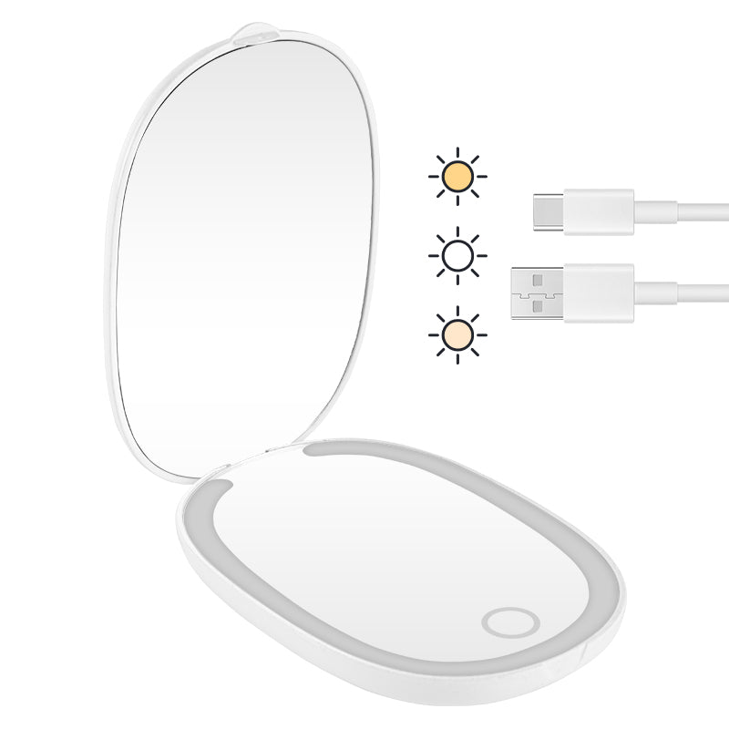 Portable Folding LED Makeup Mirror Front View with Adjustable Brightness and USB Charging