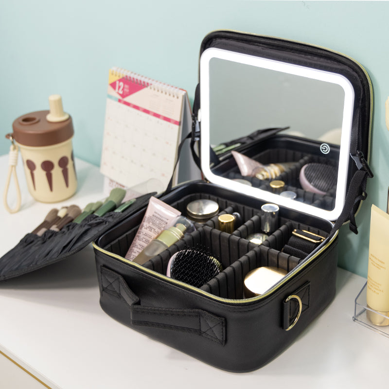 Large capacity makeup organizer bag with LED mirror display