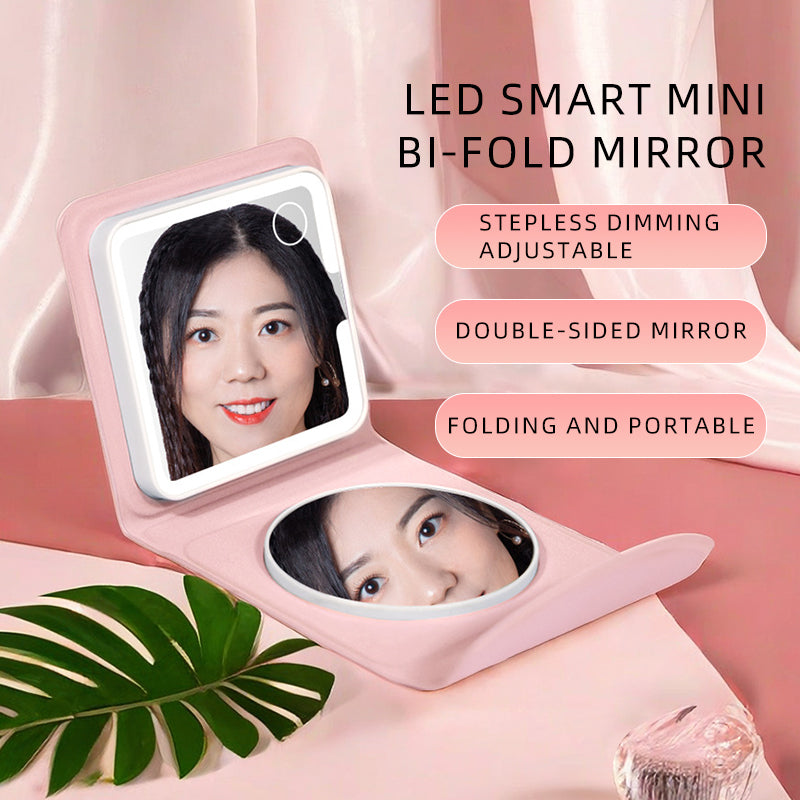 LED Smart Mini Bi-fold Mirror Unfolded Front View with Stepless Dimming and Double-sided Mirror