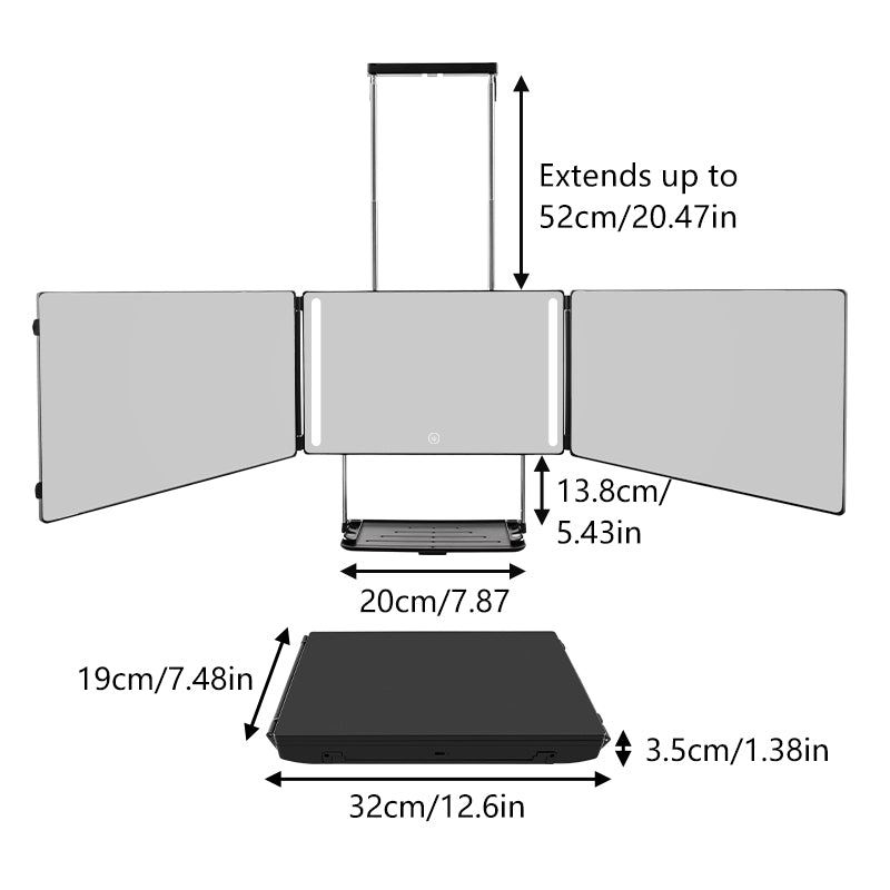 Tri-Fold Mirror Size Chart, 20.47in Extension, 12.6in Base