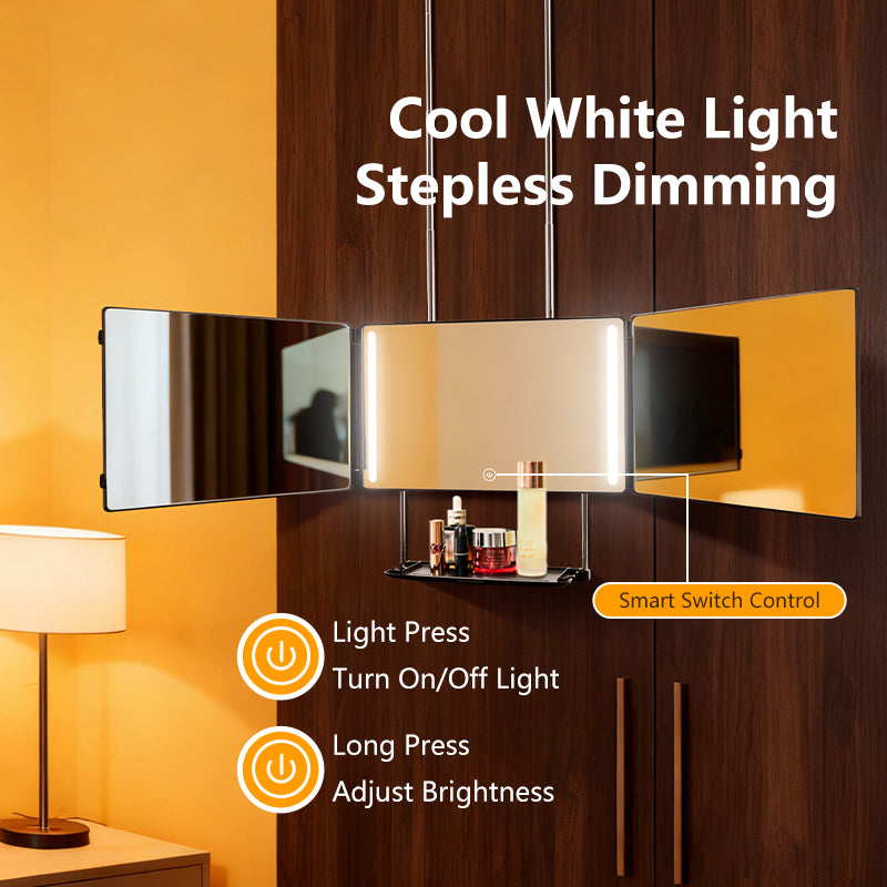LED Tri-Fold Mirror, Cool White Light With Stepless Dimming