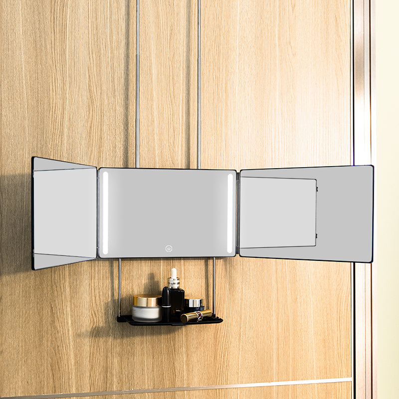 LED Tri-Fold Mirror, Wall-Mounted With Storage Tray
