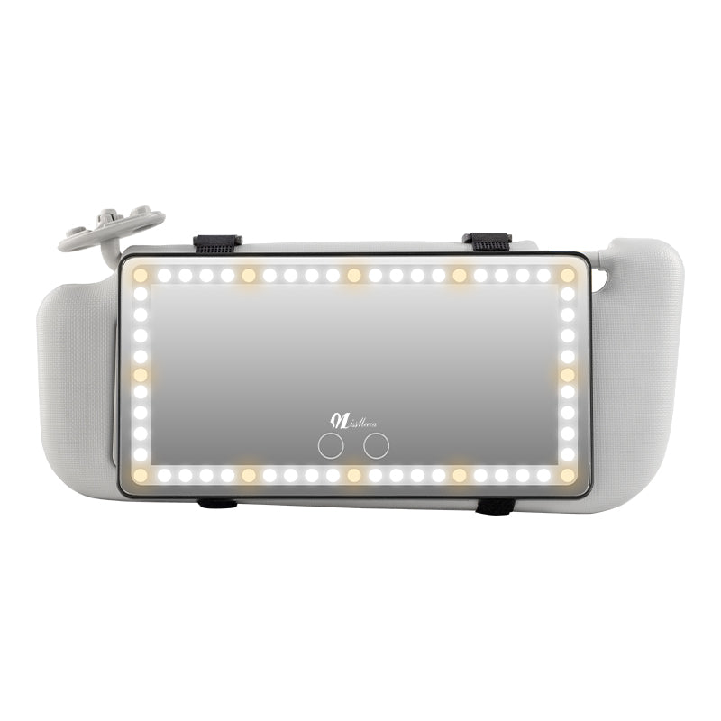Rectangular Car Makeup Mirror With Ring LED Lights And Visor Clips
