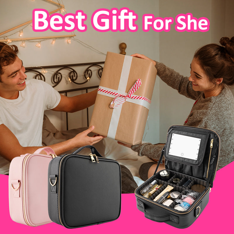 Woman Receiving Gift Box With Portable Makeup Train Case And Lighted Mirror Display