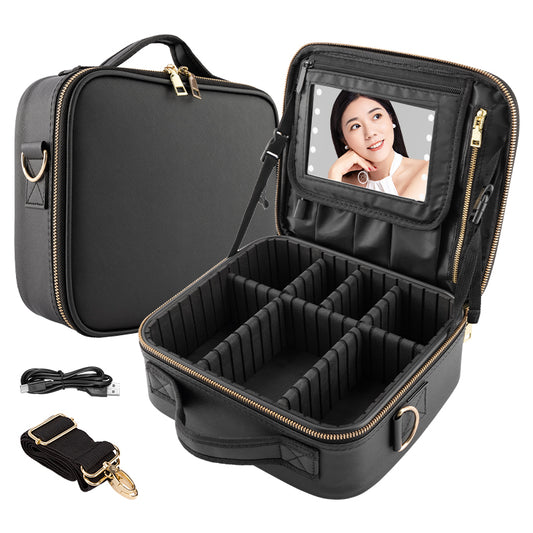 LED Cosmetic Bag Black Travel Organizer With Adjustable Dividers Charging Cable And Strap