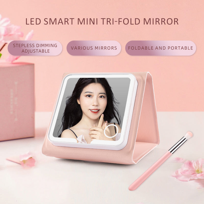Pink LED Smart Mini Tri-Fold Mirror With Woman Reflection And Brush