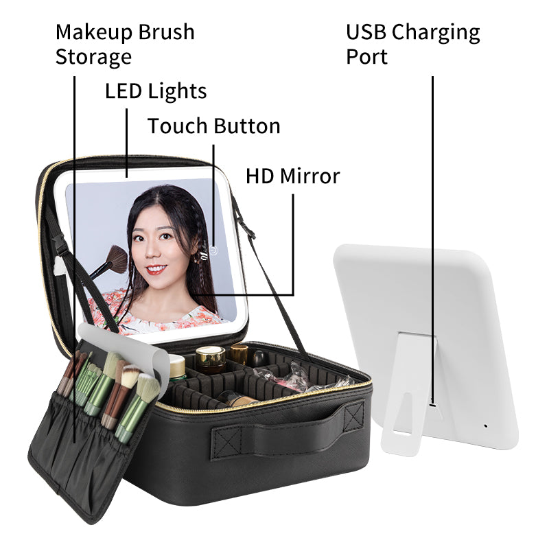 Black Makeup Bag with Removable LED Mirror and Adjustable Insert