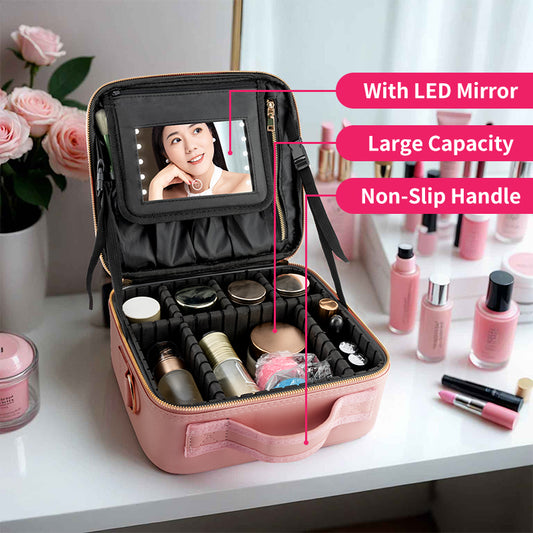Makeup Case With LED Mirror Large Capacity And Non-Slip Handle Open View