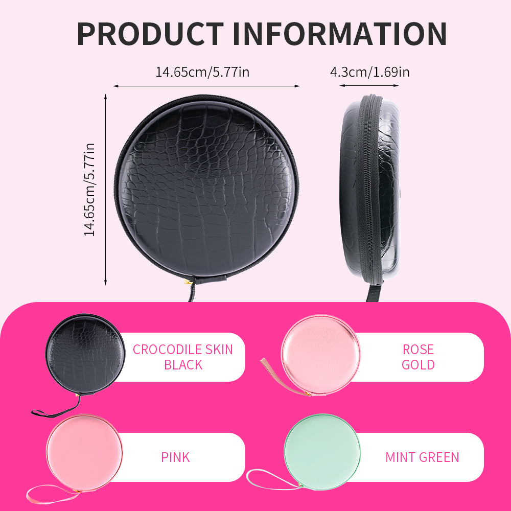 Portable Makeup Mirror Size & Colors, 5.77in Diameter, Crocodile Black/Rose Gold/Pink/Mint Green