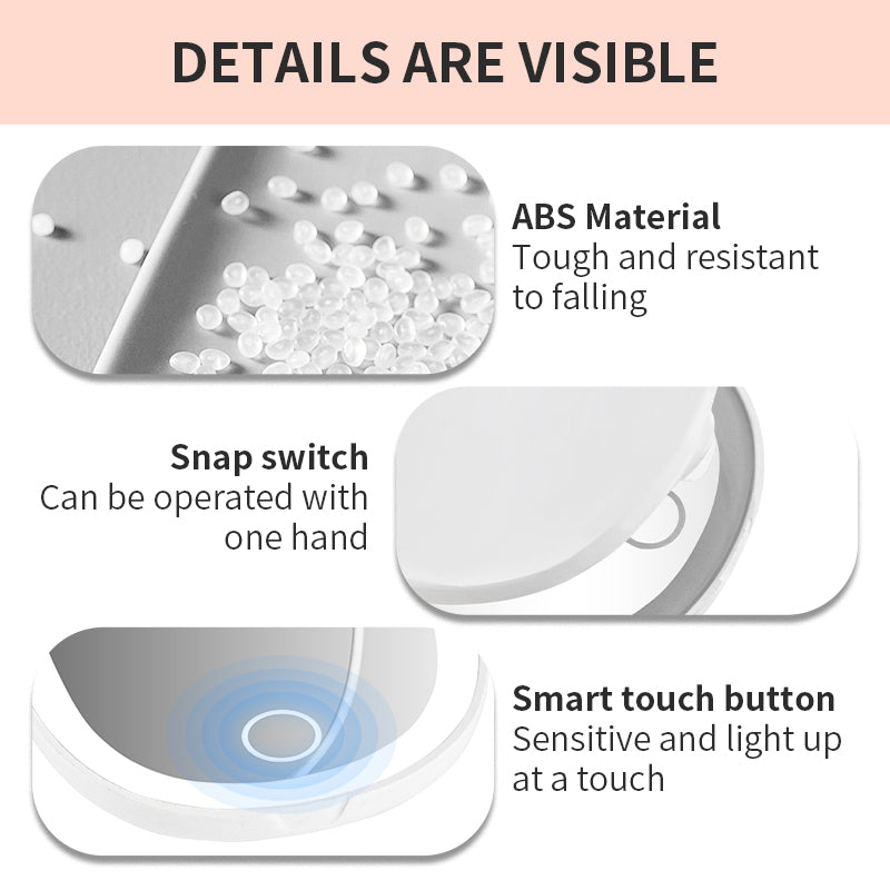 Folding Makeup Mirror Details, ABS Material Durable, One-Hand Operation, Smart Touch Button