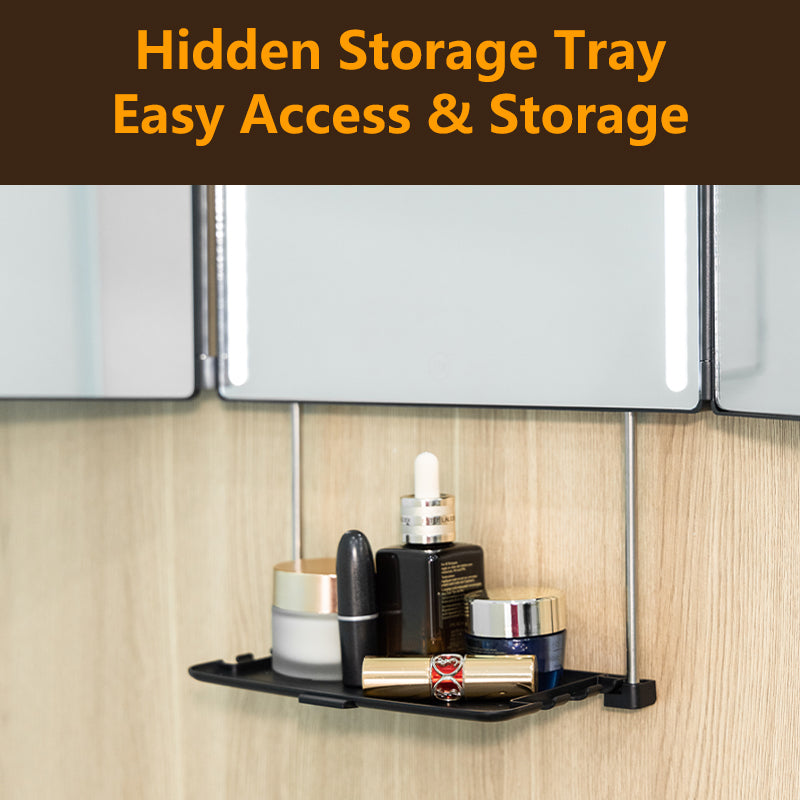Hidden Storage Tray, Easy Access Cosmetics On Tri-Fold Mirror