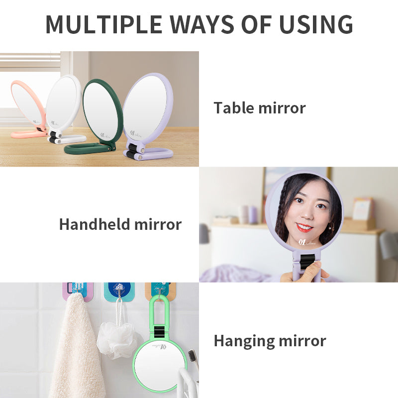 Multi-functional Handle Mirror Usage Scenarios Explanation: Table, Handheld, Hanging