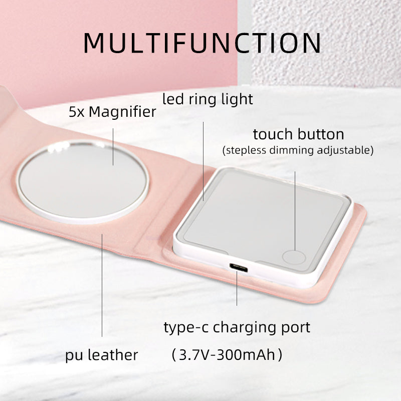 Multifunctional Bi-fold Leather Mirror with 5x Magnifier, LED Ring Light, Touch Button, Type-C Charging Port