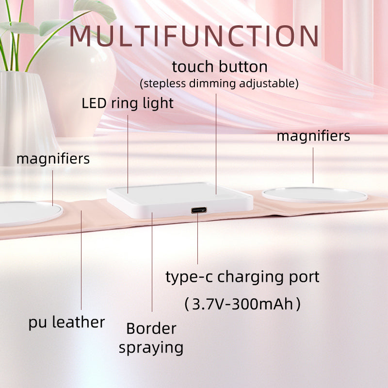 Multifunctional Tri-Fold Mirror Feature Diagram with Touch Dimming, LED Light, Magnifiers, Type-C Port, PU Leather