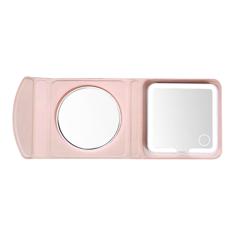 Pink Bi-fold Leather Mirror Unfolded Front View with Round Magnifier and Square LED Mirror