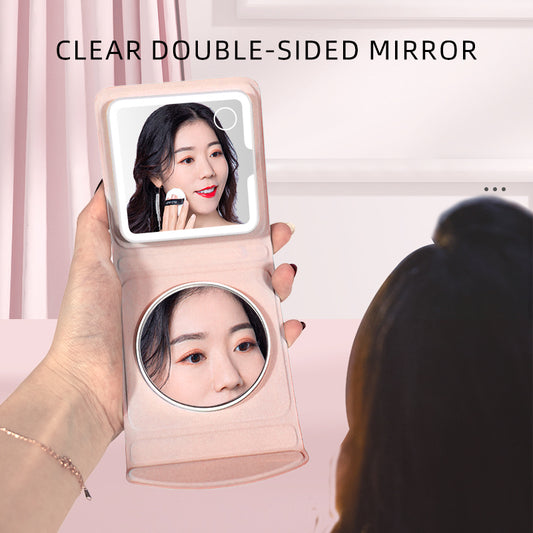 Pink Double-Sided Folding Makeup Mirror with LED Light and Magnifier, Handheld View