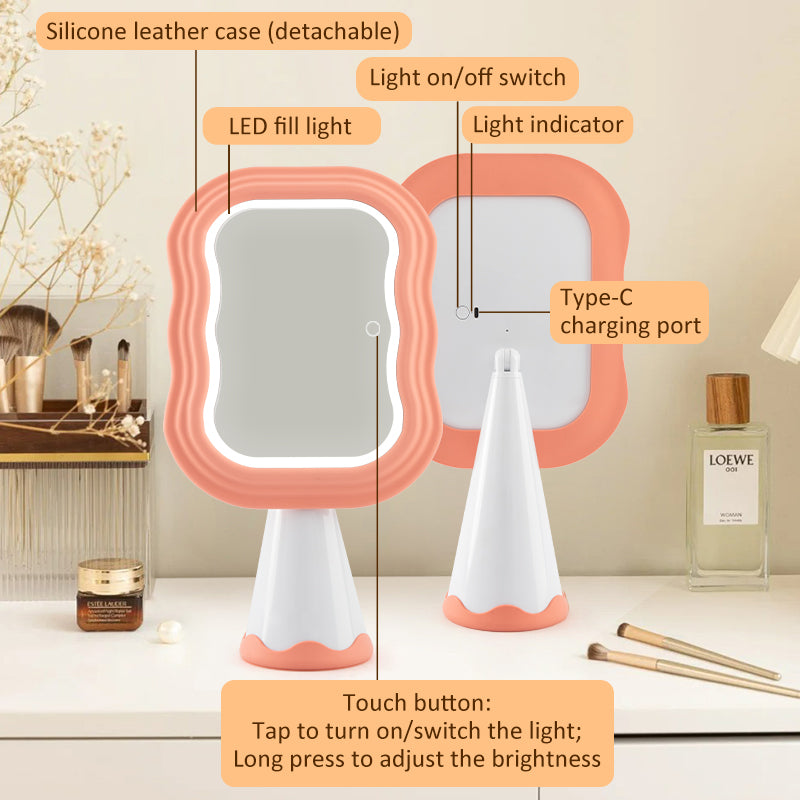 Pink Wavy LED Makeup Mirror, Featuring Silicone Case, Type-C Charging & Touch Dimming