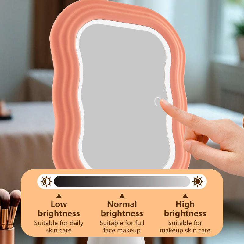 Pink Wavy LED Makeup Mirror, Three-Level Brightness Touch Control Demo