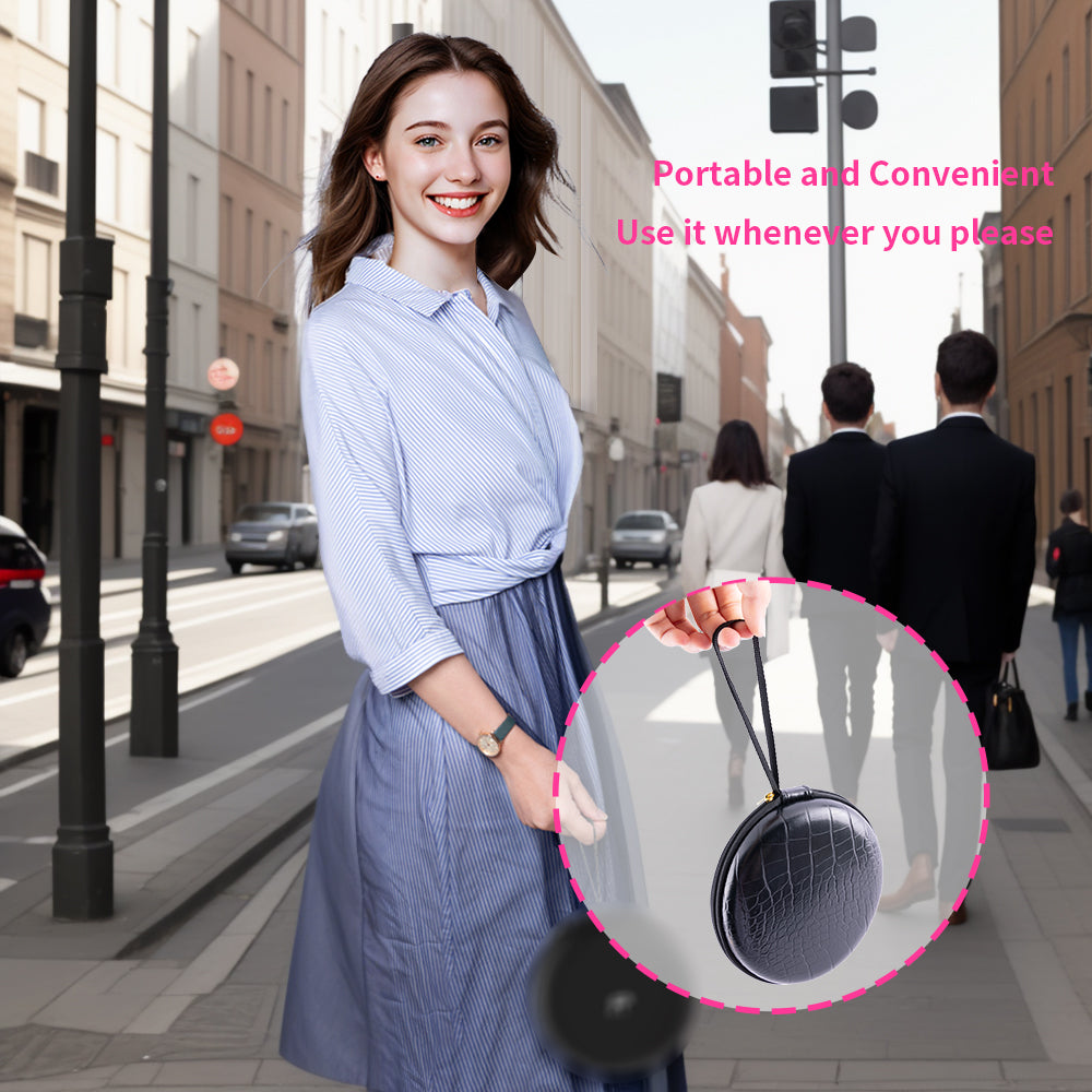 Portable Makeup Mirror in Crocodile Pattern Case, Woman on Street Scene