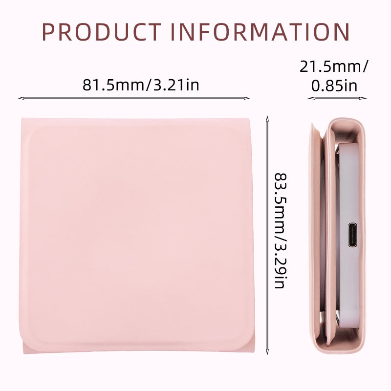 Product Information Graphic With Measurements For Pink Foldable Vanity Mirror Case 