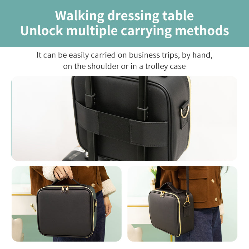 Portable makeup bag hand carry shoulder strap trolley case attachment function