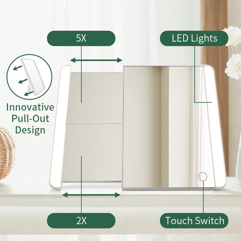 Pull-Out LED Makeup Mirror with 5X/2X Magnifier, Touch Switch & LED Lights