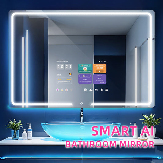 Front view of smart bathroom mirror with touch screen interface