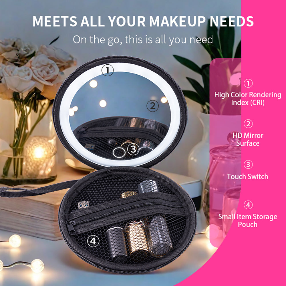Round Portable Makeup Mirror Features with LED Light and Storage Pouch