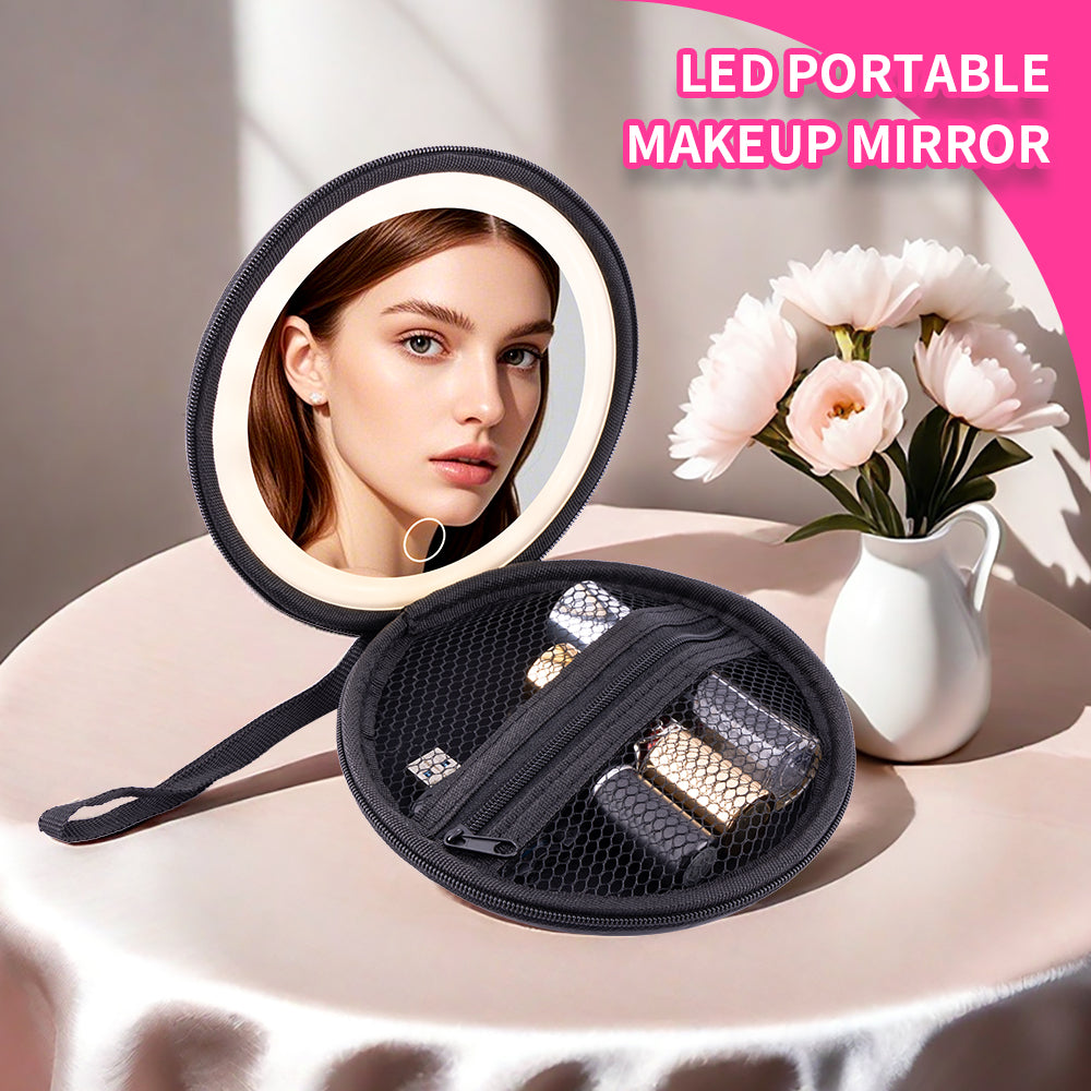 Round LED Portable Makeup Mirror Soft Case Unfolded Front View