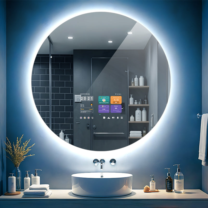Smart bathroom mirror with cool white LED light and digital display