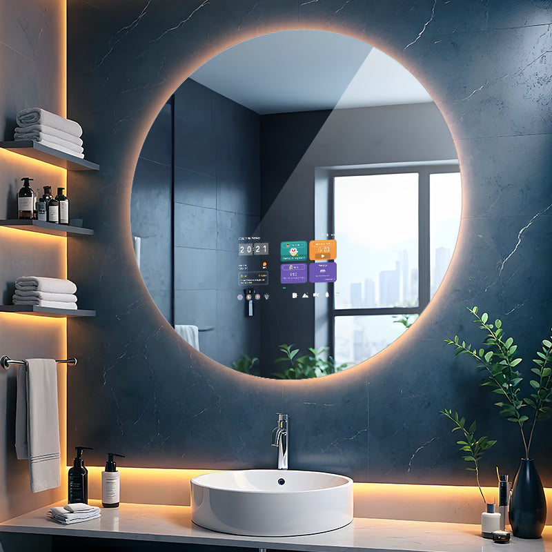 Round smart mirror showing warm light mode with interface