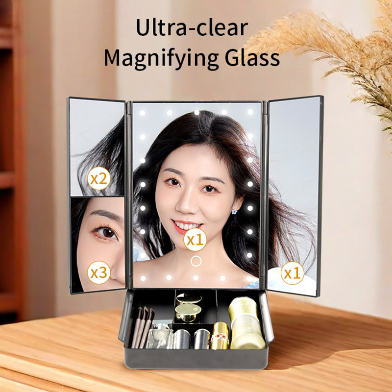 Customizable logo, LED desktop makeup mirror with storage case, three-fold beauty mirror